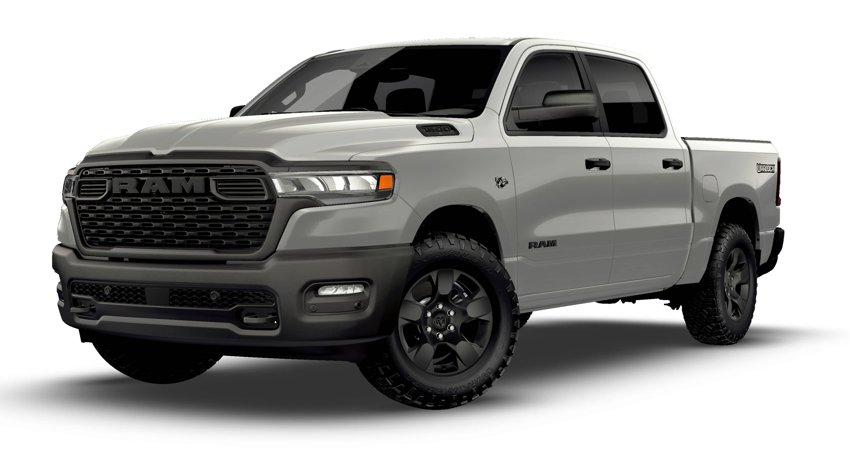 2026 RAM Ram 1500 RAM 1500 WARLOCK CREW CAB 4X4 5'7' BOX in Silver Zynith Exterior Paint — front three-quarter view