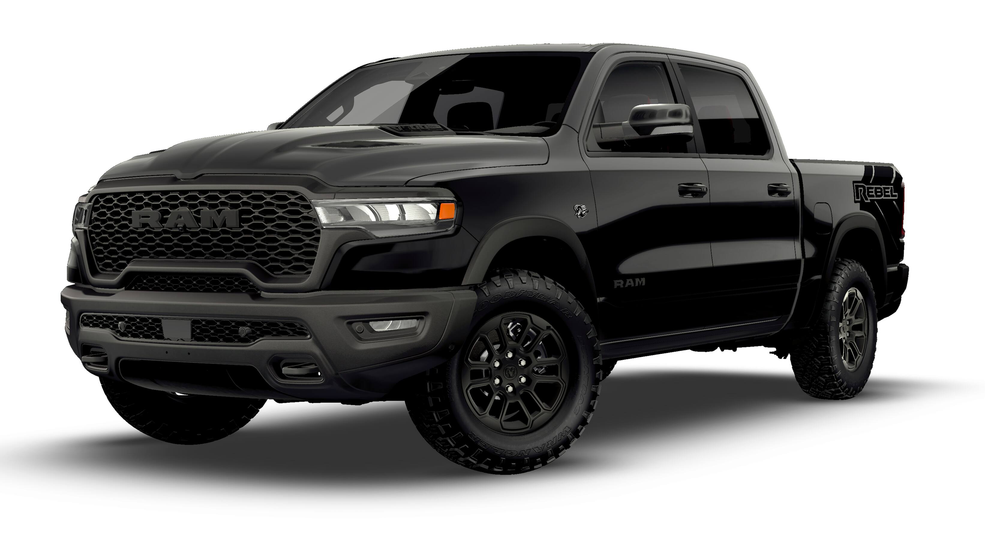 2026 RAM Ram 1500 RAM 1500 REBEL CREW CAB 4X4 5'7' BOX in Diamond Black Crystal Pearl-Coat Exterior Paint — front three-quarter view